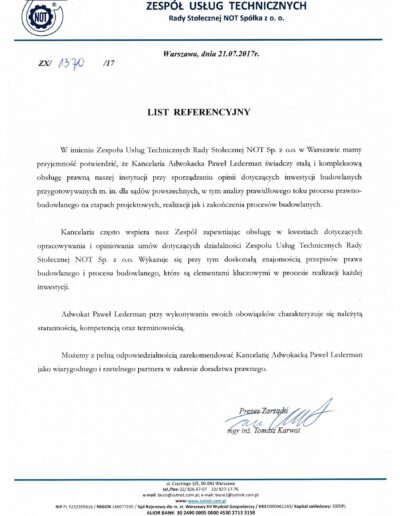 Zespół usług technicznych - list referencyjny