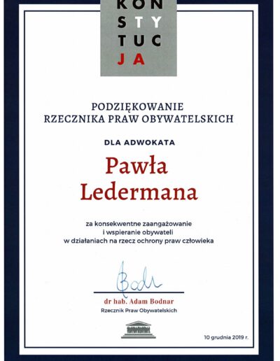 Podziękowanie rzecznika praw obywatelskich dla Pawła Ledermana